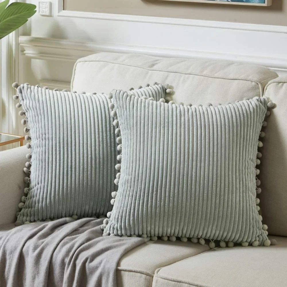 Light Grey Corduroy Luxury Velvet Pompom Bed/Sofa Throw Pillow Cover/Case Set